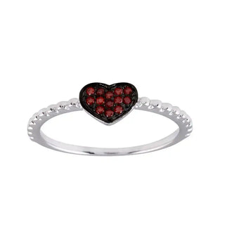 925 Sterling Silver Rhodium Plated Beaded Heart Red CZ Ring