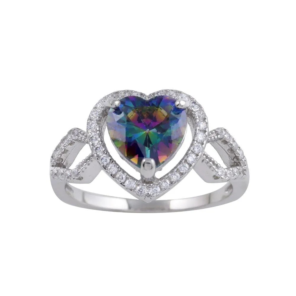 925 Sterling Silver Rhodium Plated Halo Heart Synthetic Mystic Topaz CZ Ring