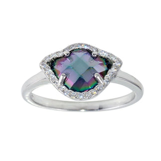 925 Sterling Silver Rhodium Plated Oval Synthetic Mystic Topaz CZ Ring
