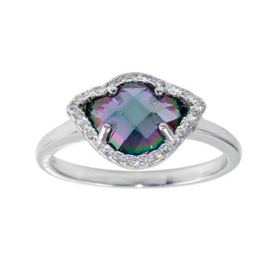925 Sterling Silver Rhodium Plated Oval Synthetic Mystic Topaz CZ Ring