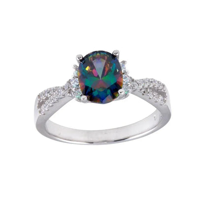 925 Sterling Silver Rhodium Plated Oval Solitaire Synthetic Mystic Topaz CZ Band Ring