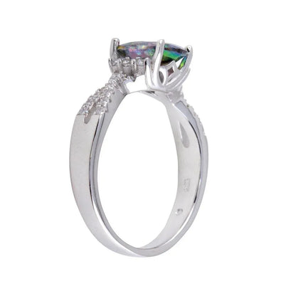 925 Sterling Silver Rhodium Plated Oval Solitaire Synthetic Mystic Topaz CZ Band Ring