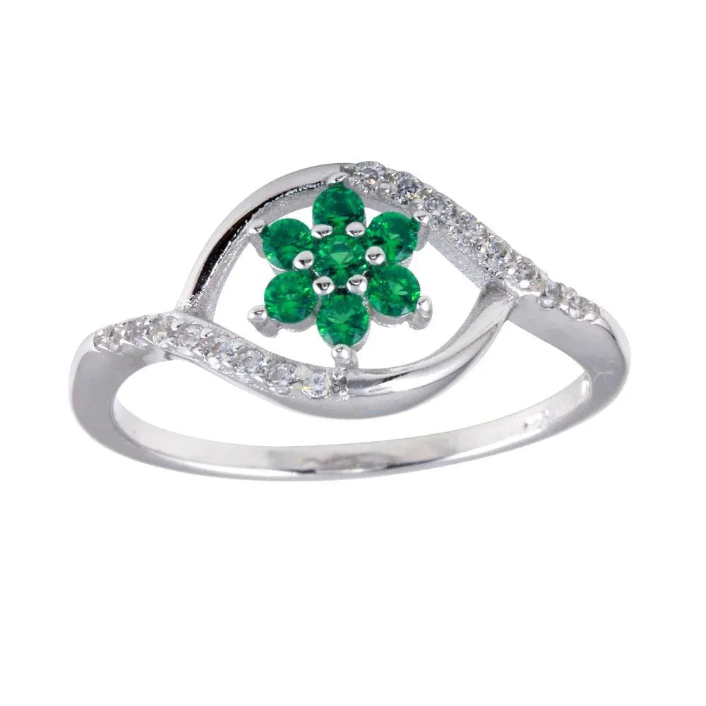 925 Sterling Silver Rhodium Plated Wave Green Center Flower CZ Ring