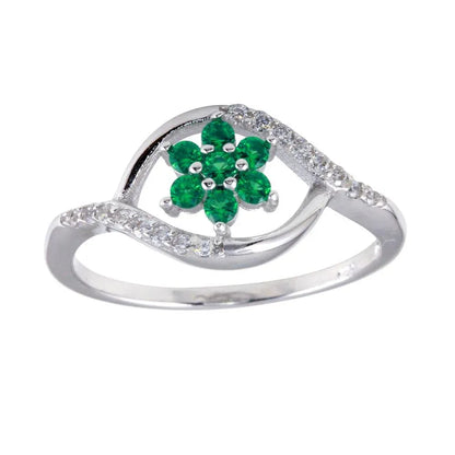 925 Sterling Silver Rhodium Plated Wave Green Center Flower CZ Ring