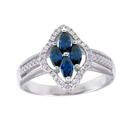 925 Sterling Silver Rhodium Plated 4 Blue Marquise Center CZ Ring