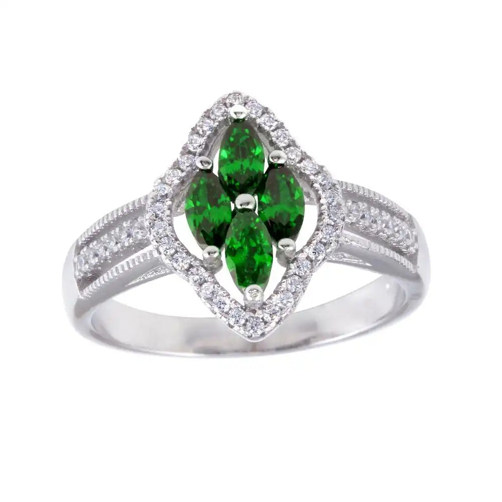 925 Sterling Silver Rhodium Plated 4 Green Marquise Center CZ Ring