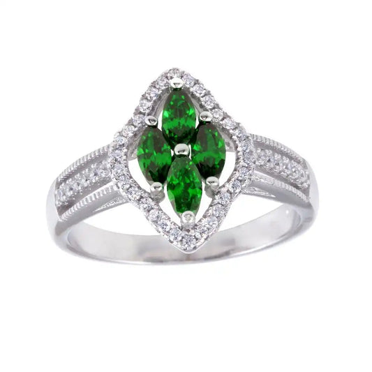 925 Sterling Silver Rhodium Plated 4 Green Marquise Center CZ Ring