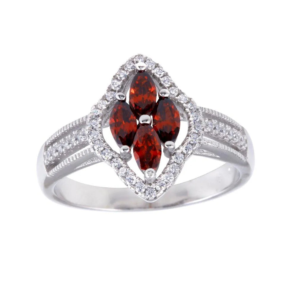 925 Sterling Silver Rhodium Plated 4 Red Marquise Center CZ Ring