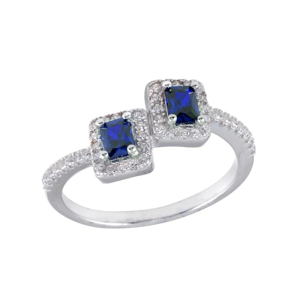 925 Sterling Silver Rhodium Plated Double Square Blue Center CZ Ring