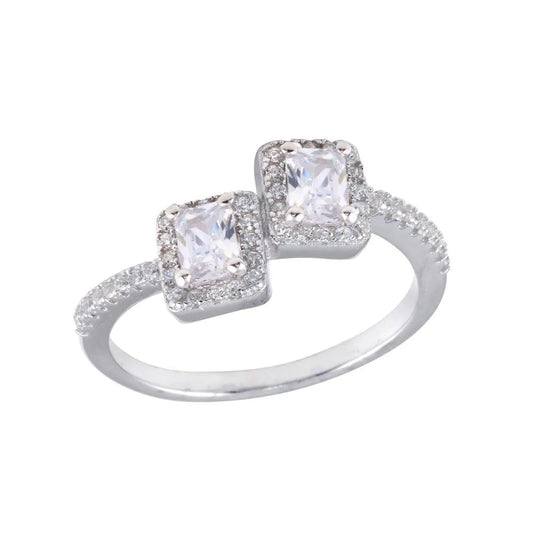 925 Sterling Silver Rhodium Plated Double Square Clear Center CZ Ring