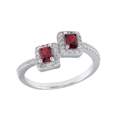 925 Sterling Silver Rhodium Plated Double Square Red Center CZ Ring