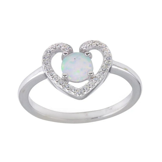 925 Sterling Silver Rhodium Plated Heart Synthetic Opal Center CZ Ring