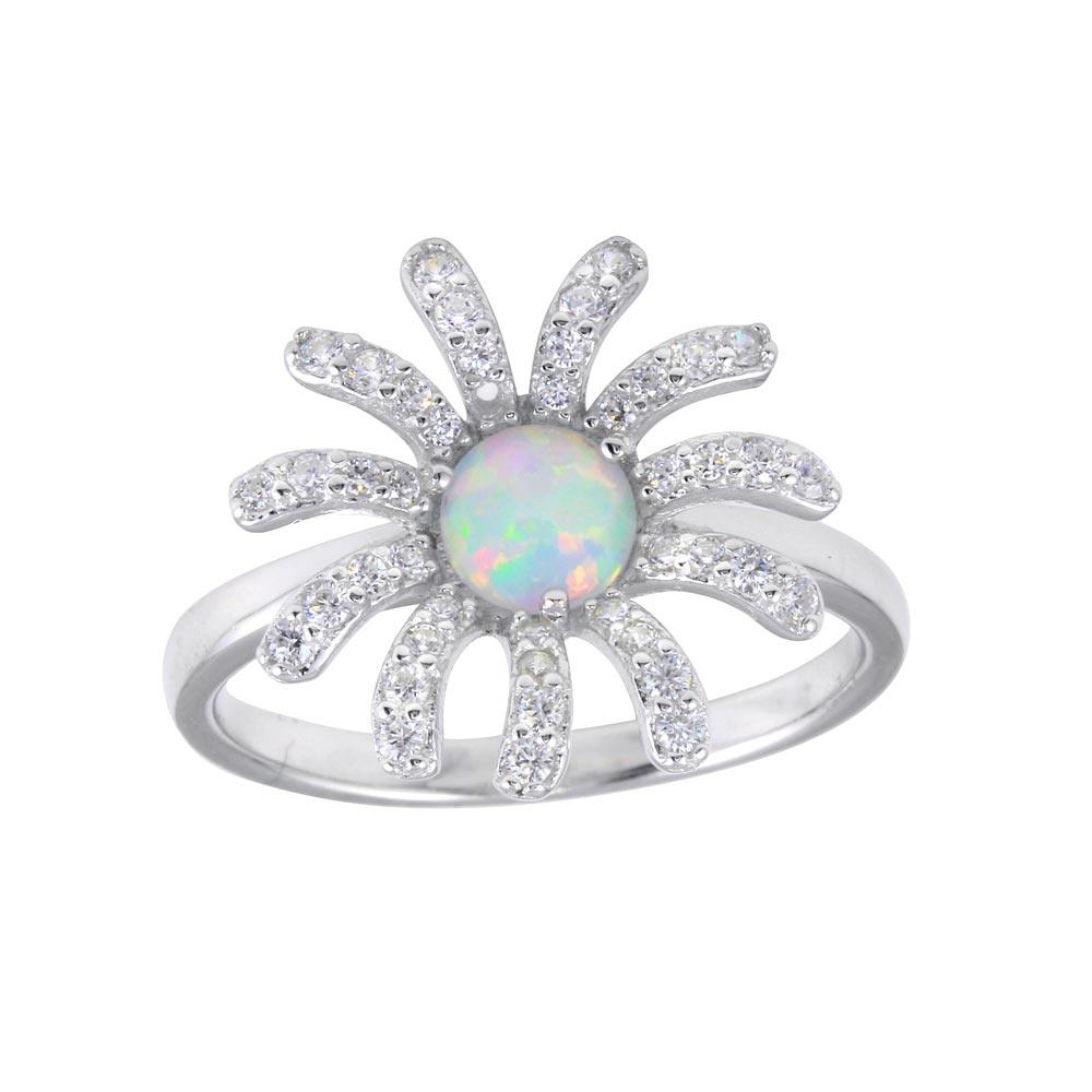 925 Sterling Silver Rhodium Plated Flower Synthetic Opal Center CZ Ring