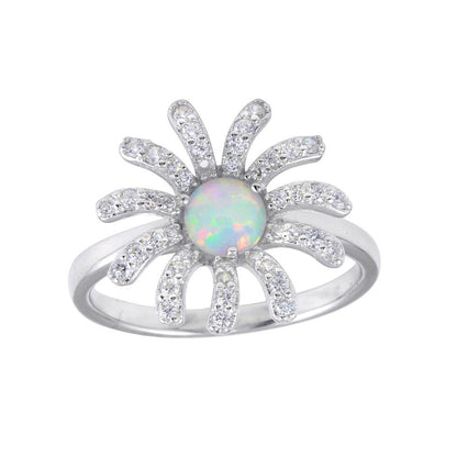 925 Sterling Silver Rhodium Plated Flower Synthetic Opal Center CZ Ring
