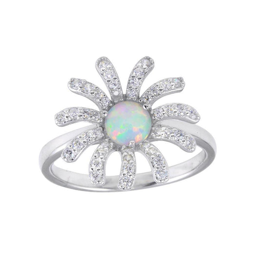 925 Sterling Silver Rhodium Plated Flower Synthetic Opal Center CZ Ring