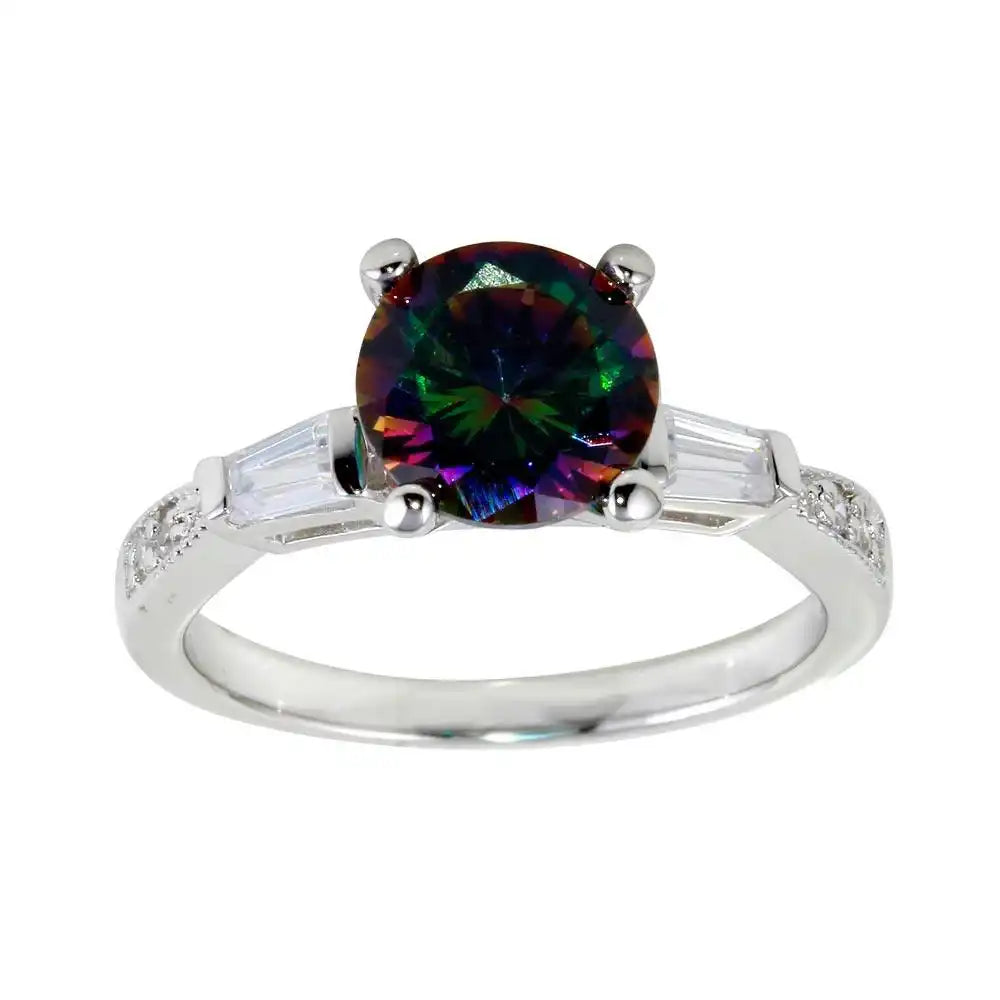 925 Sterling Silver Rhodium Plated Oval Solitaire Synthetic Mystic Topaz Baguette Shank CZ Ring