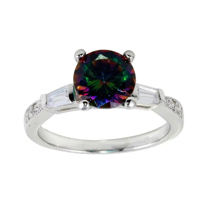 925 Sterling Silver Rhodium Plated Oval Solitaire Synthetic Mystic Topaz Baguette Shank CZ Ring