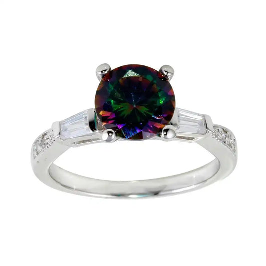 925 Sterling Silver Rhodium Plated Oval Solitaire Synthetic Mystic Topaz Baguette Shank CZ Ring