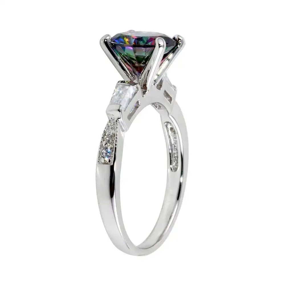 925 Sterling Silver Rhodium Plated Oval Solitaire Synthetic Mystic Topaz Baguette Shank CZ Ring