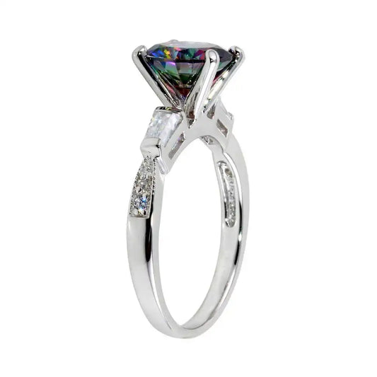 925 Sterling Silver Rhodium Plated Oval Solitaire Synthetic Mystic Topaz Baguette Shank CZ Ring