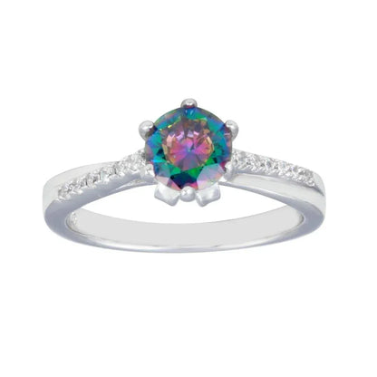 925 Sterling Silver Rhodium Plated Round Mystic Topaz CZ Ring
