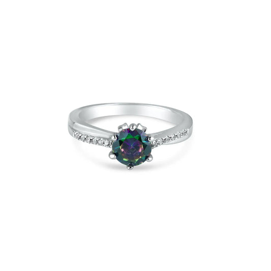 925 Sterling Silver Rhodium Plated Round Mystic Topaz CZ Ring