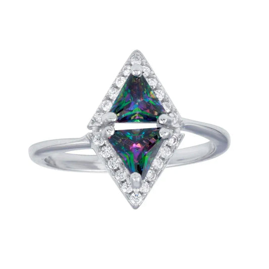 925 Sterling Silver Rhodium Plated Diamond-Shaped Halo Mystic Topaz CZ Ring