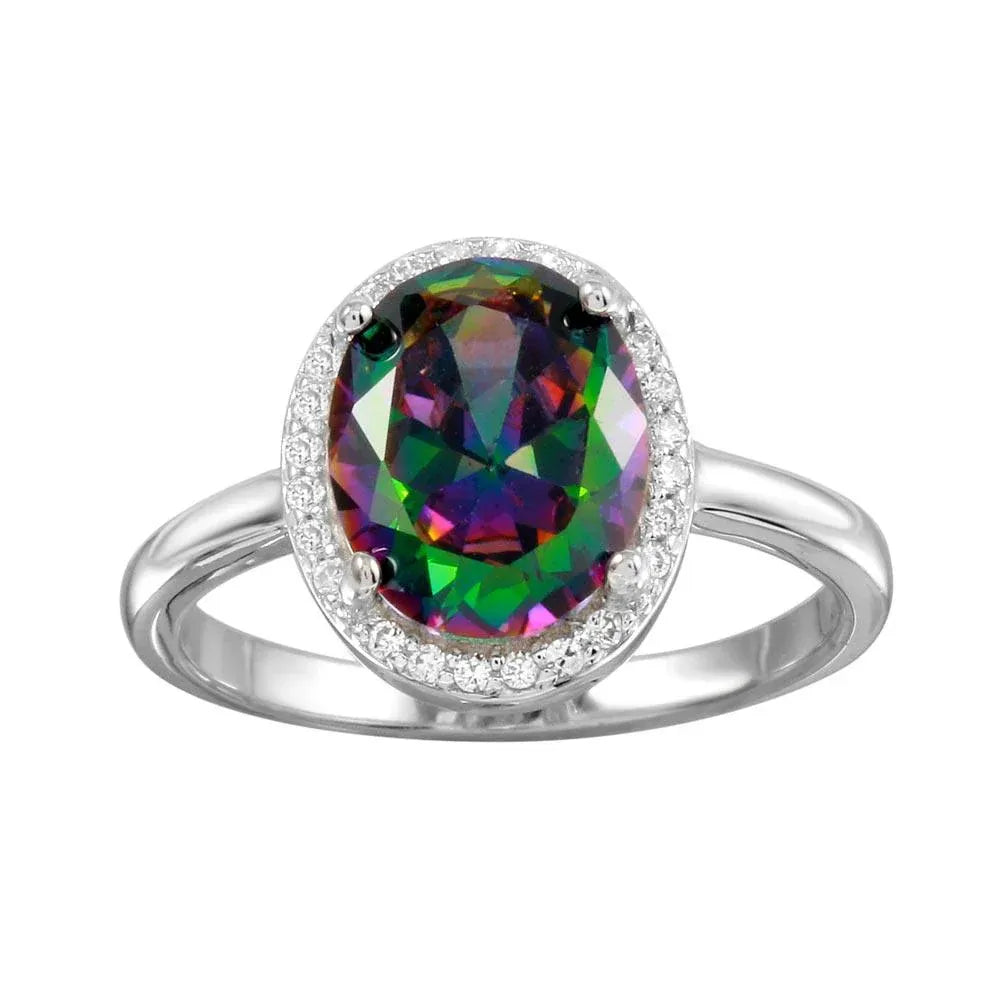 925 Sterling Silver Rhodium Plated Oval Halo Mystic Topaz CZ Ring