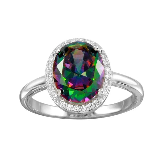 925 Sterling Silver Rhodium Plated Oval Halo Mystic Topaz CZ Ring