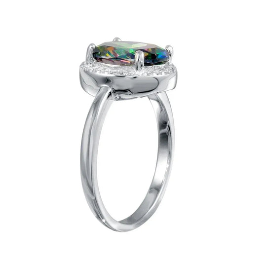 925 Sterling Silver Rhodium Plated Oval Halo Mystic Topaz CZ Ring