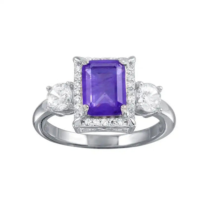 925 Sterling Silver Rhodium Plated Purple Center Halo CZ Ring