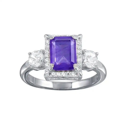 925 Sterling Silver Rhodium Plated Purple Center Halo CZ Ring