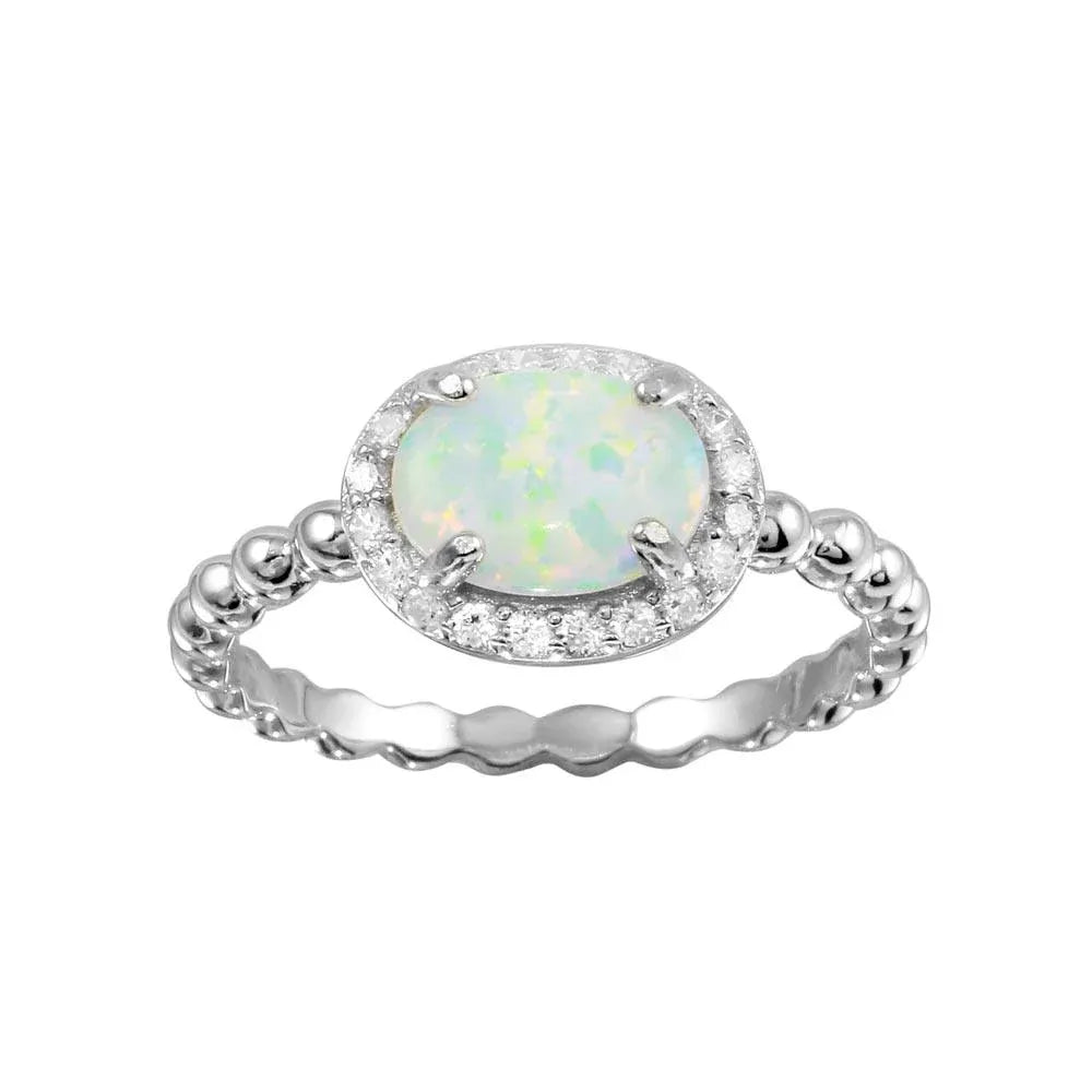 925 Sterling Silver Rhodium Plated Oval Halo Opal CZ Beaded Design Band Ring