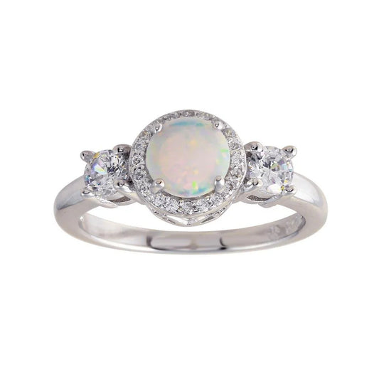 925 Sterling Silver Rhodium Plated Round Opal Stone Halo CZ Ring