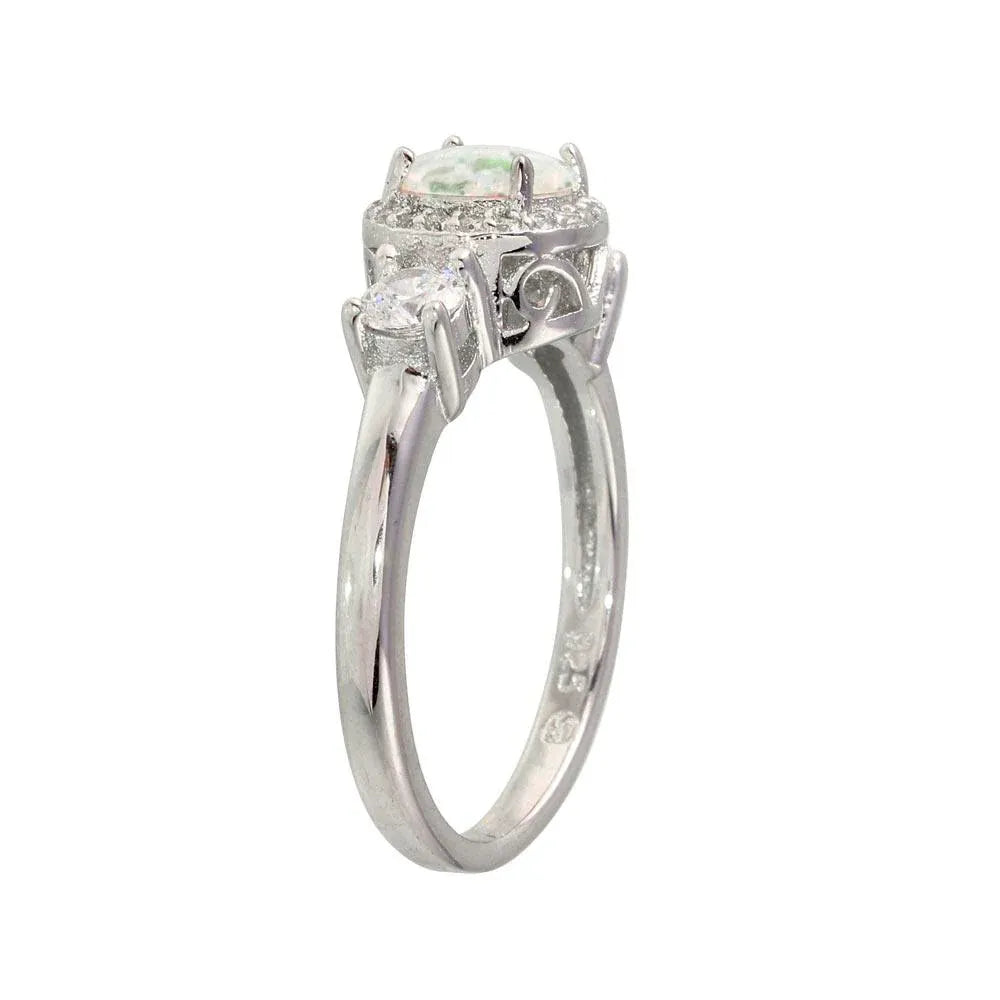 925 Sterling Silver Rhodium Plated Round Opal Stone Halo CZ Ring