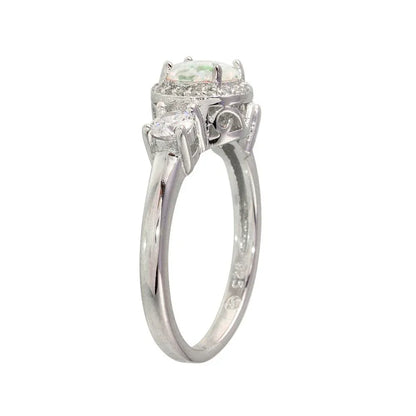 925 Sterling Silver Rhodium Plated Round Opal Stone Halo CZ Ring