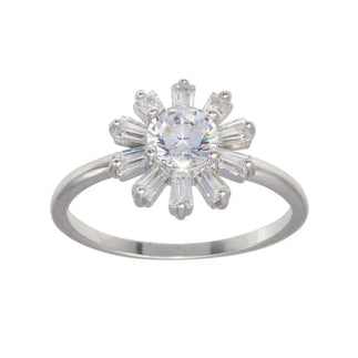 925 Sterling Silver Rhodium Plated CZ Flower Shaped Ring