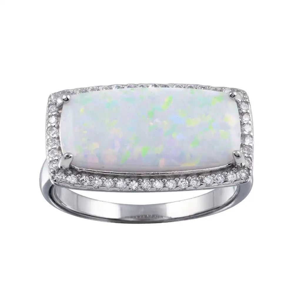 925 Sterling Silver Rhodium Plated Rectangular Opal Stone Ring with CZ