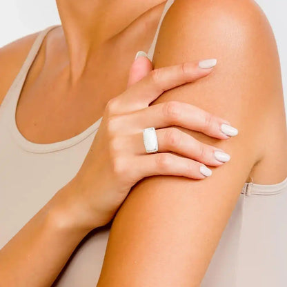 925 Sterling Silver Rhodium Plated Rectangular Opal Stone Ring with CZ