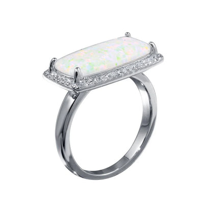 925 Sterling Silver Rhodium Plated Rectangular Opal Stone Ring with CZ