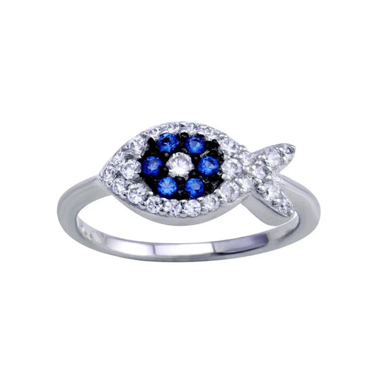 925 Sterling Silver Rhodium Plated Blue CZ Fish Ring