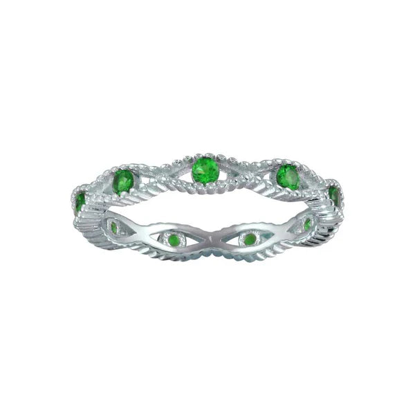 925 Sterling silver Rhodium Plated Intersecting Waves Green CZ Ring