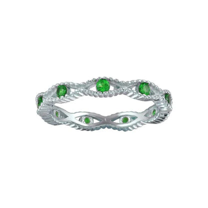 925 Sterling silver Rhodium Plated Intersecting Waves Green CZ Ring