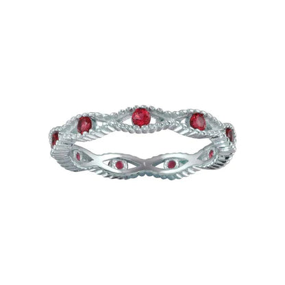 925 Sterling Silver Rhodium Plated Intersecting Waves Red CZ Ring