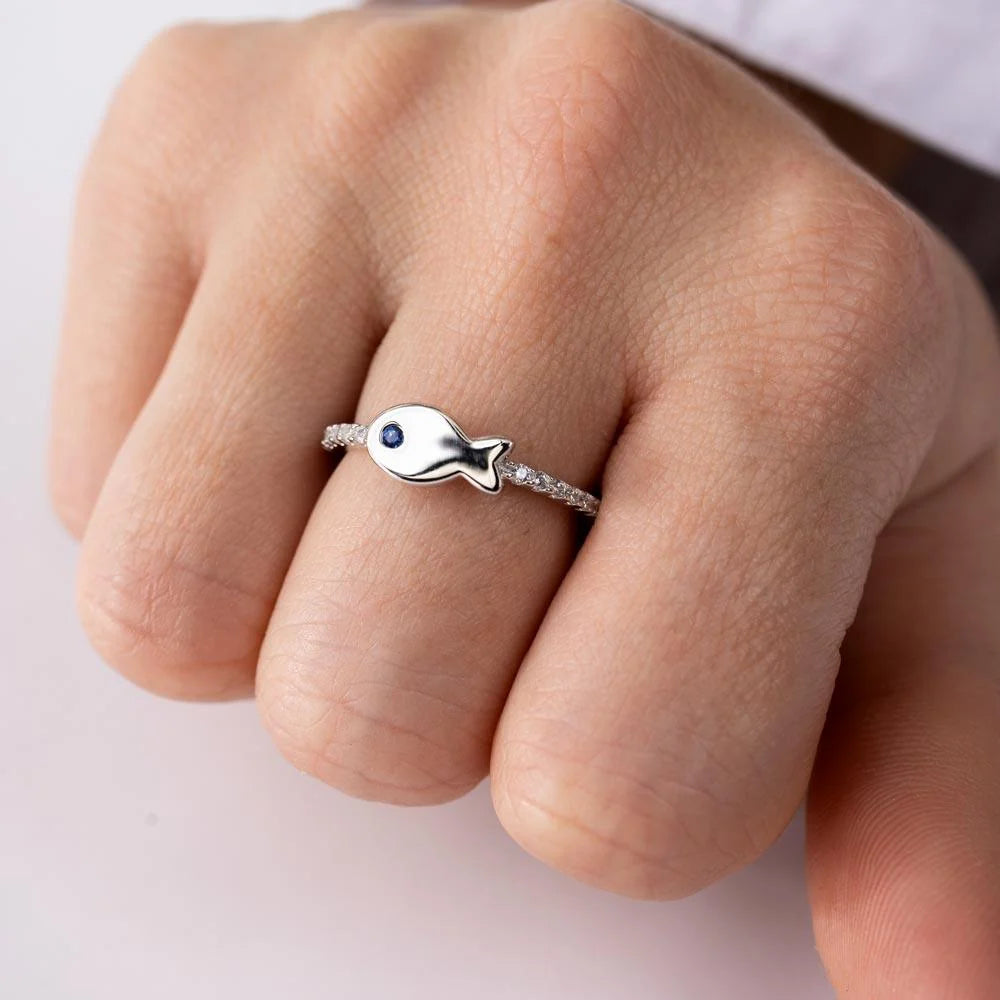 925 Sterling Silver Rhodium Plated Fish Ring with CZ Shank