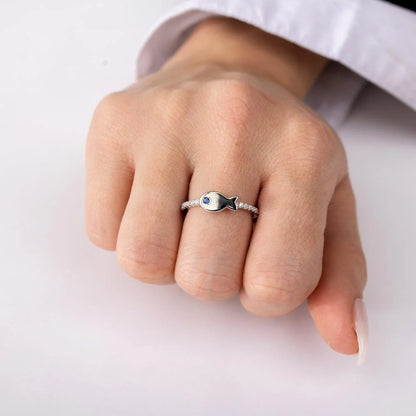 925 Sterling Silver Rhodium Plated Fish Ring with CZ Shank