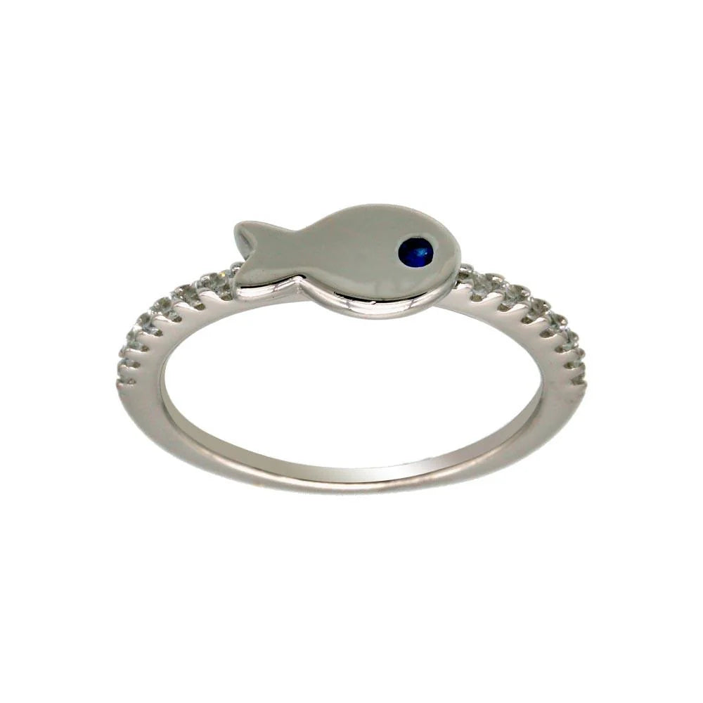 925 Sterling Silver Rhodium Plated Fish Ring with CZ Shank