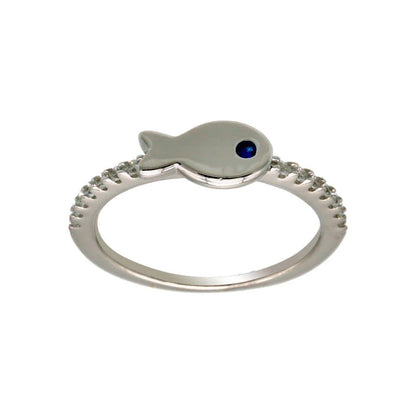 925 Sterling Silver Rhodium Plated Fish Ring with CZ Shank