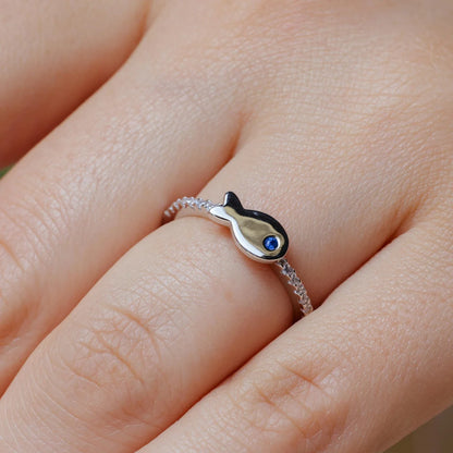 925 Sterling Silver Rhodium Plated Fish Ring with CZ Shank