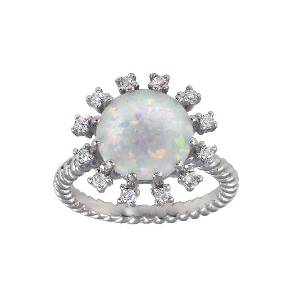 925 Sterling Silver Rhodium Plated Round Flower Opal Stone Ring